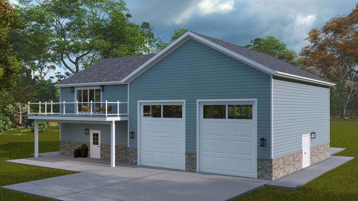 Exterior house plan showing a two-story structure with a side-facing double garage, upper-level balcony, and stone foundation.