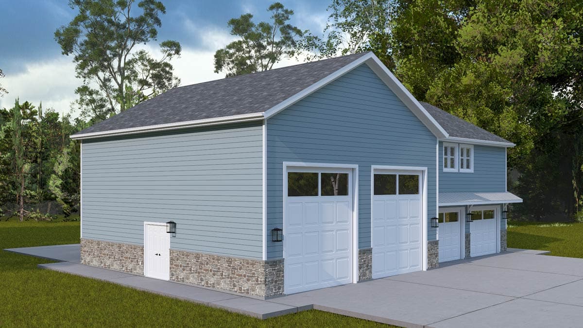 House plan exterior featuring a blue sided structure with stone skirting, three garage bays, and a single side door.