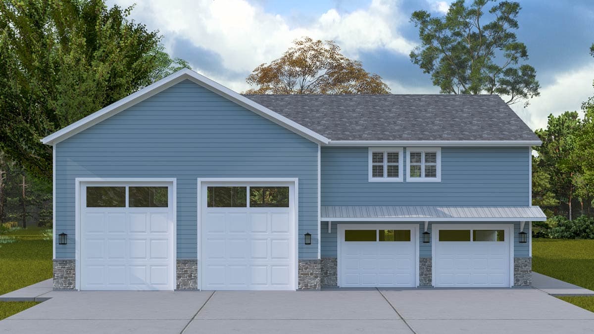House plan exterior with two stories, three-car garage, gable roof, and shed-style awning over the smaller garage door.