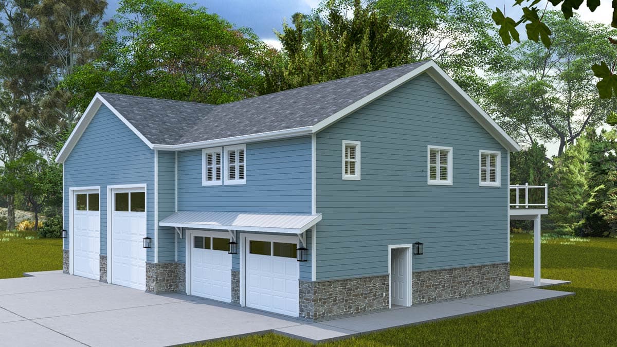 Exterior house plan rendering with blue siding, stone foundation, five garage doors, and a second-story deck.