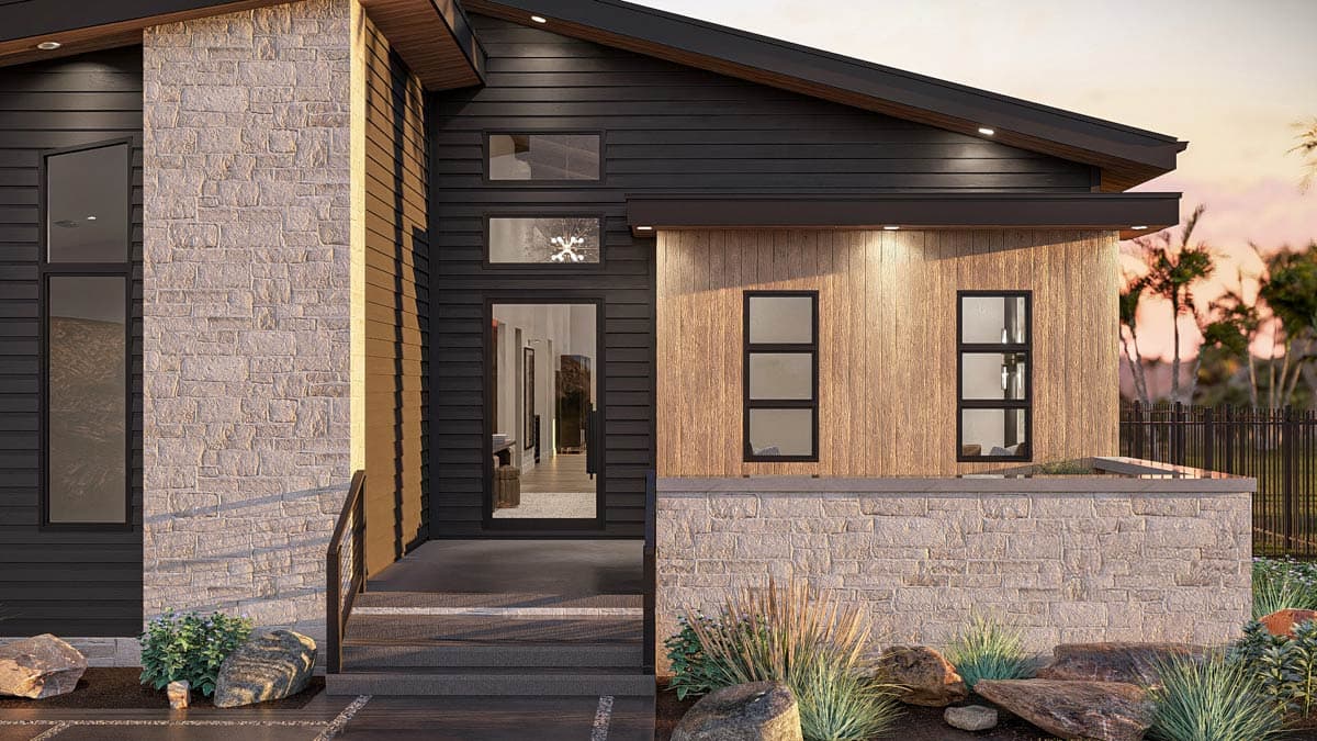 Modern house plan exterior with stone accents, dark horizontal siding, wood paneling, and a sloped roof.