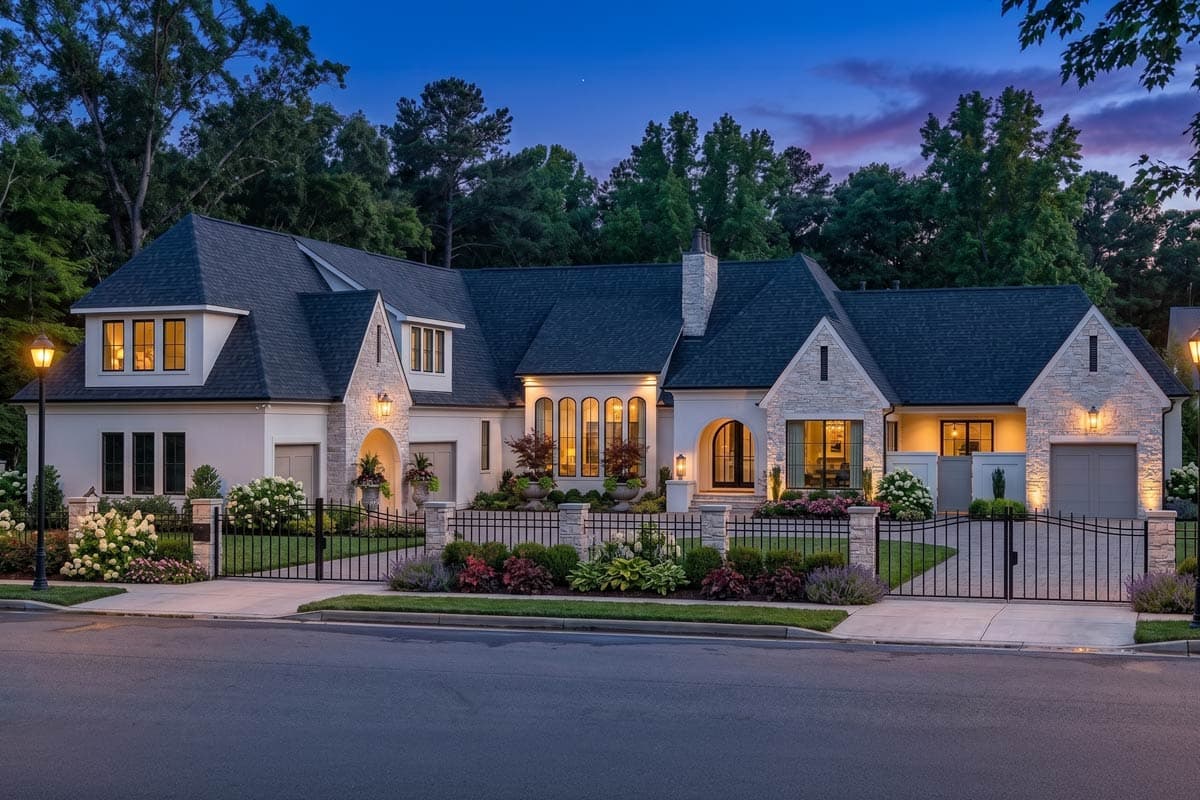 House plan exterior of a two-story home with stone accents, arched entryway, dormers, and dual garages.