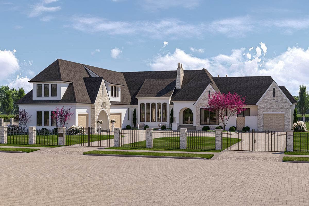 House plan exterior. Two-story with gabled roof, stone accents, and arched entryway. Features include a garage, dormers, and multiple windows.