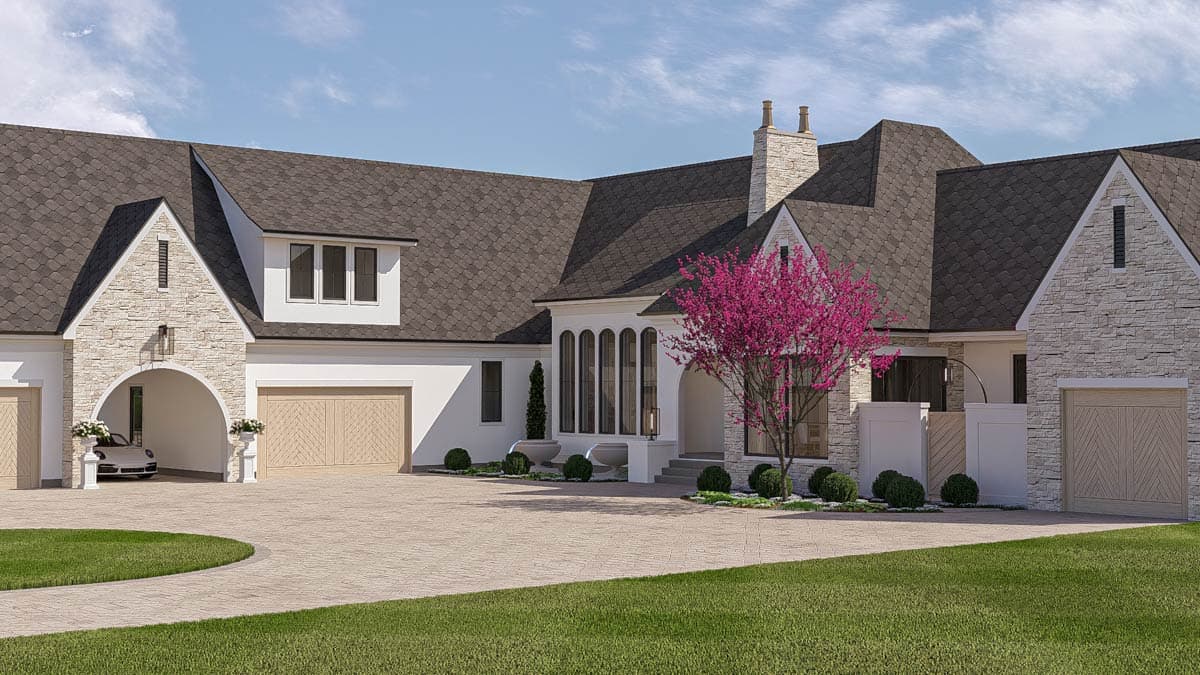 House plan exterior with stone accents, multiple gables, arched entry, and two garages.