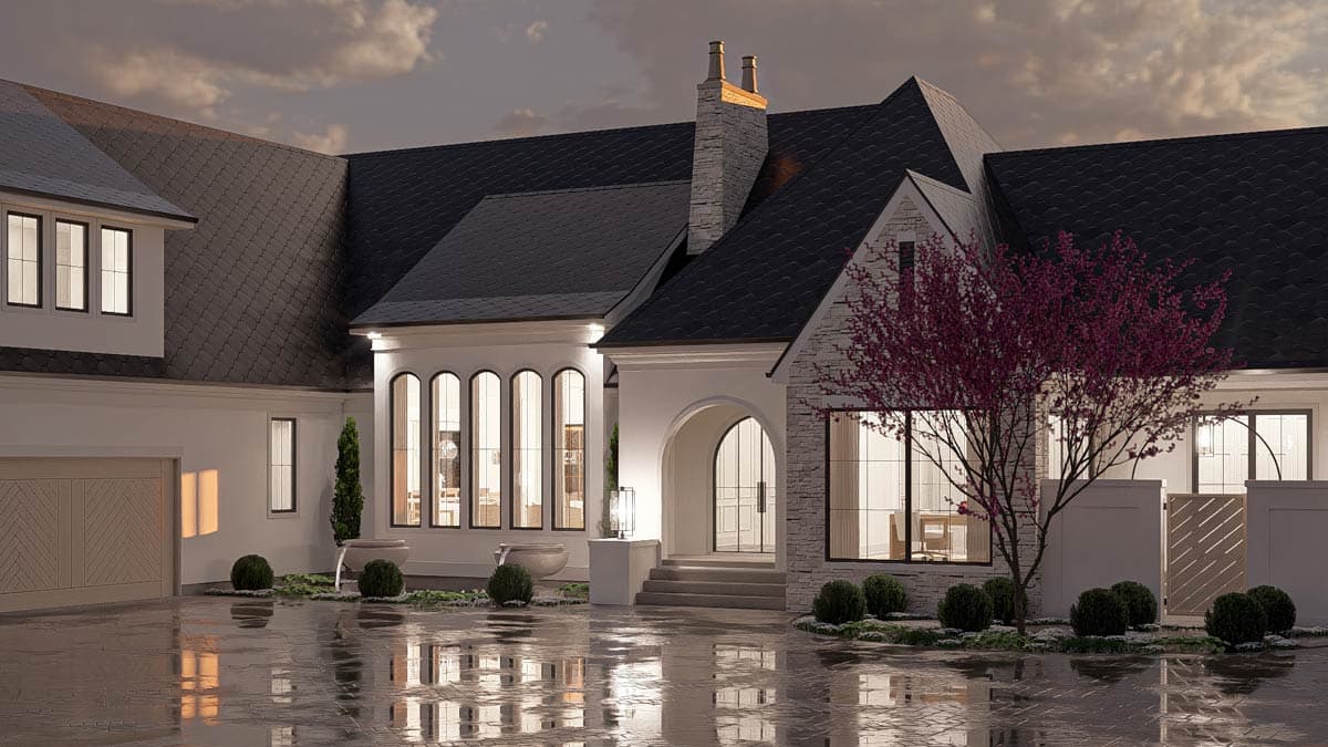 Exterior house plan featuring a steep gabled roof, arched entryway with stone accents, and a multi-pane bay window.