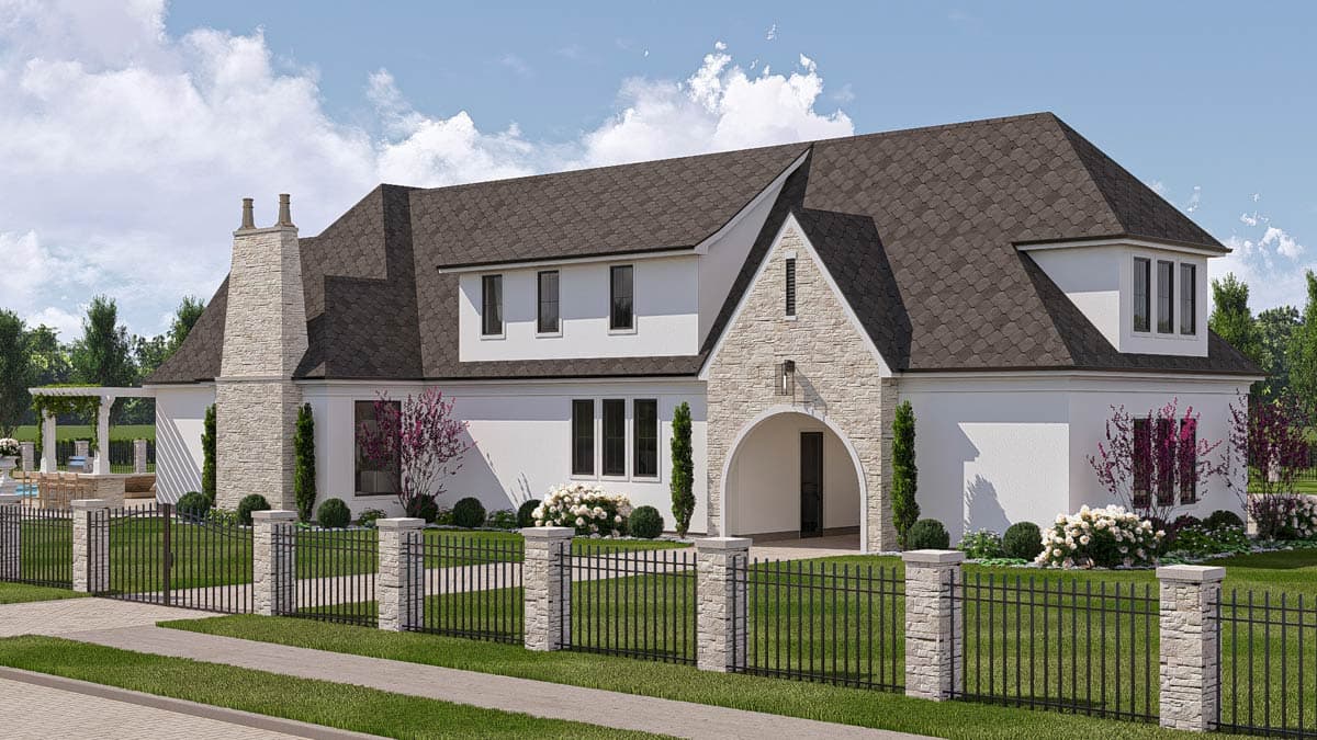 House plan exterior with stone accents, arched entryway, large chimney, and multiple gables.