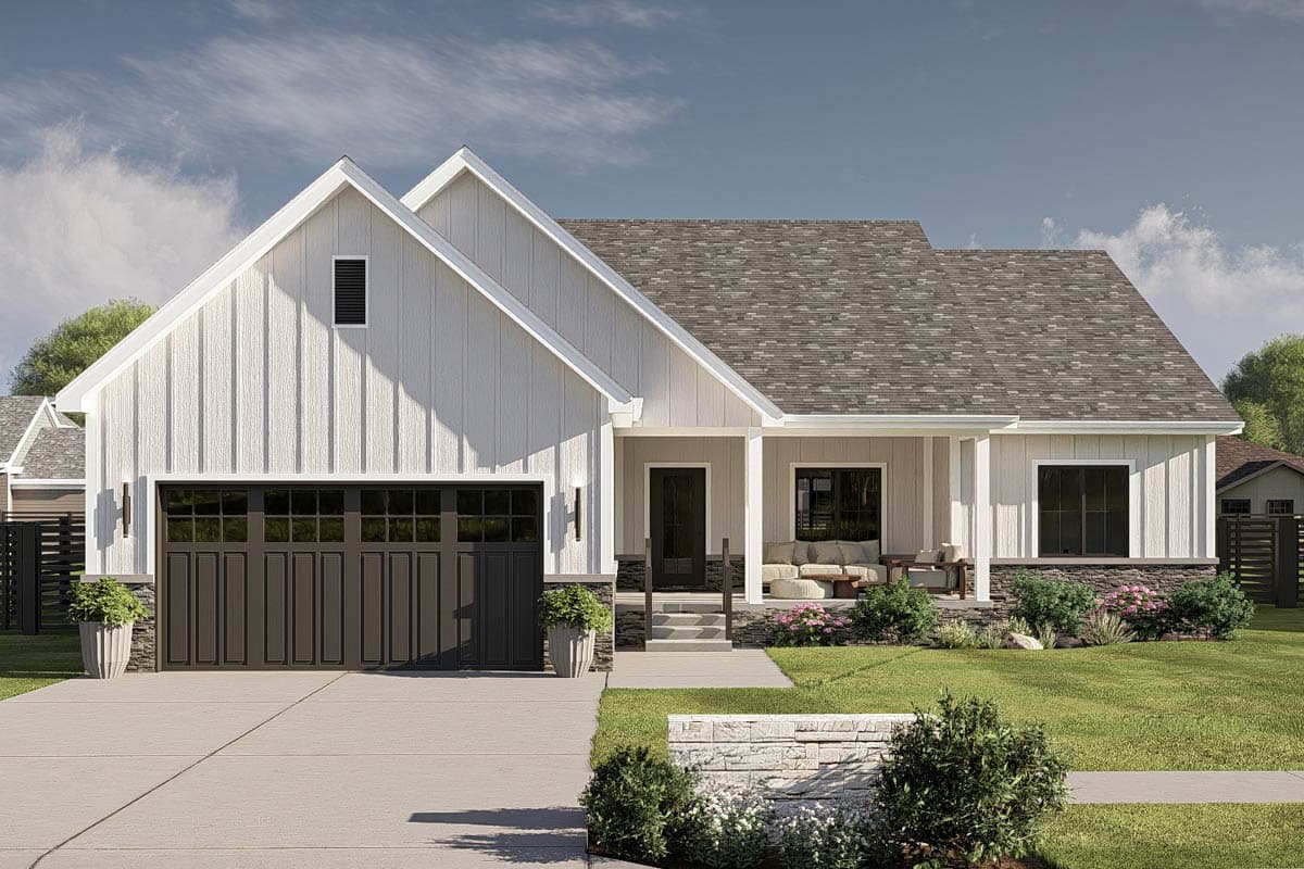 House plan exterior. Modern farmhouse style with gabled roof, front porch, and garage with dark trim. One-story structure.