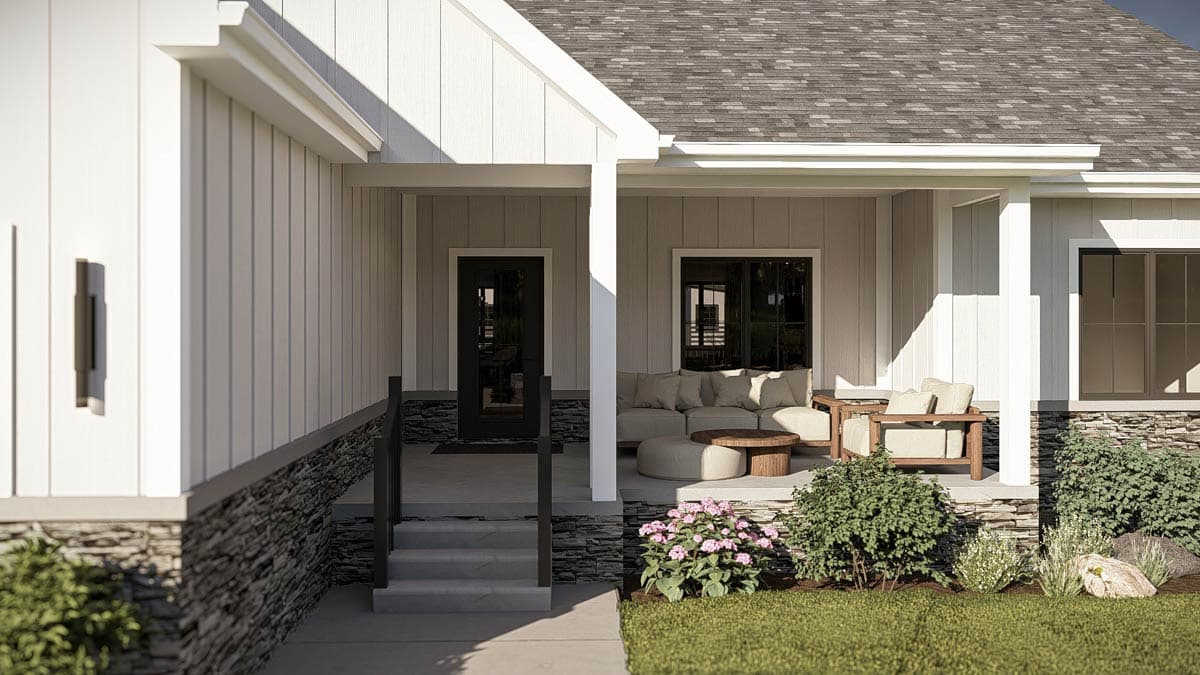 House plan exterior showing a covered porch with seating, stone accents, vertical siding, and gabled rooflines.