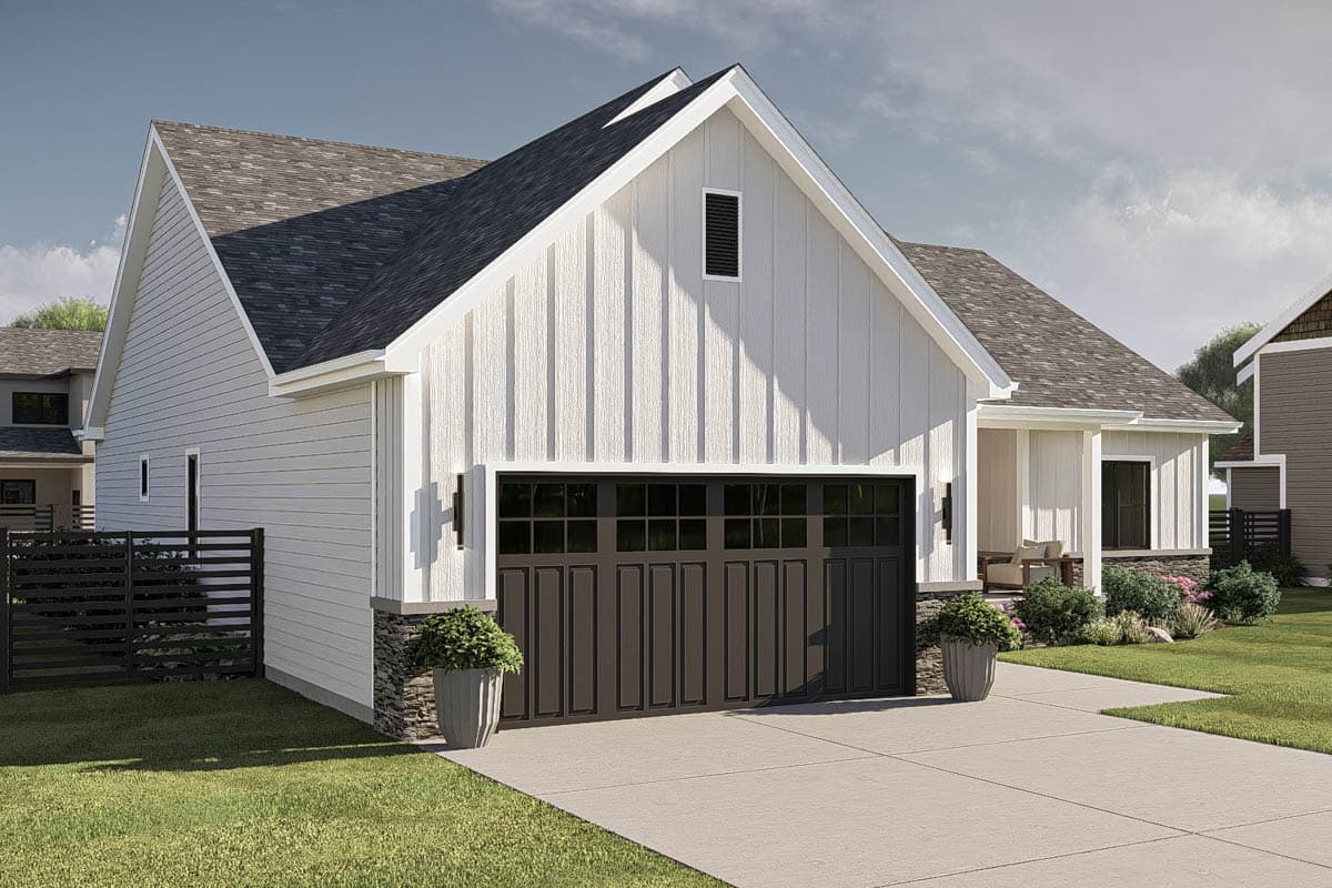 Modern Farmhouse style house plan exterior with vertical siding, gabled roof, large dark garage door, and covered porch.