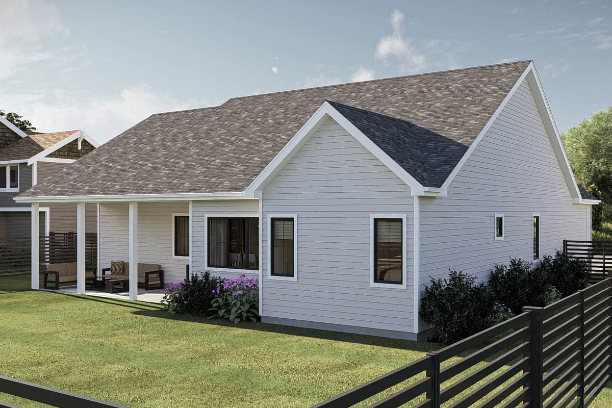 House plan exterior of a one-story home with a covered porch, gabled roof, and horizontal siding.