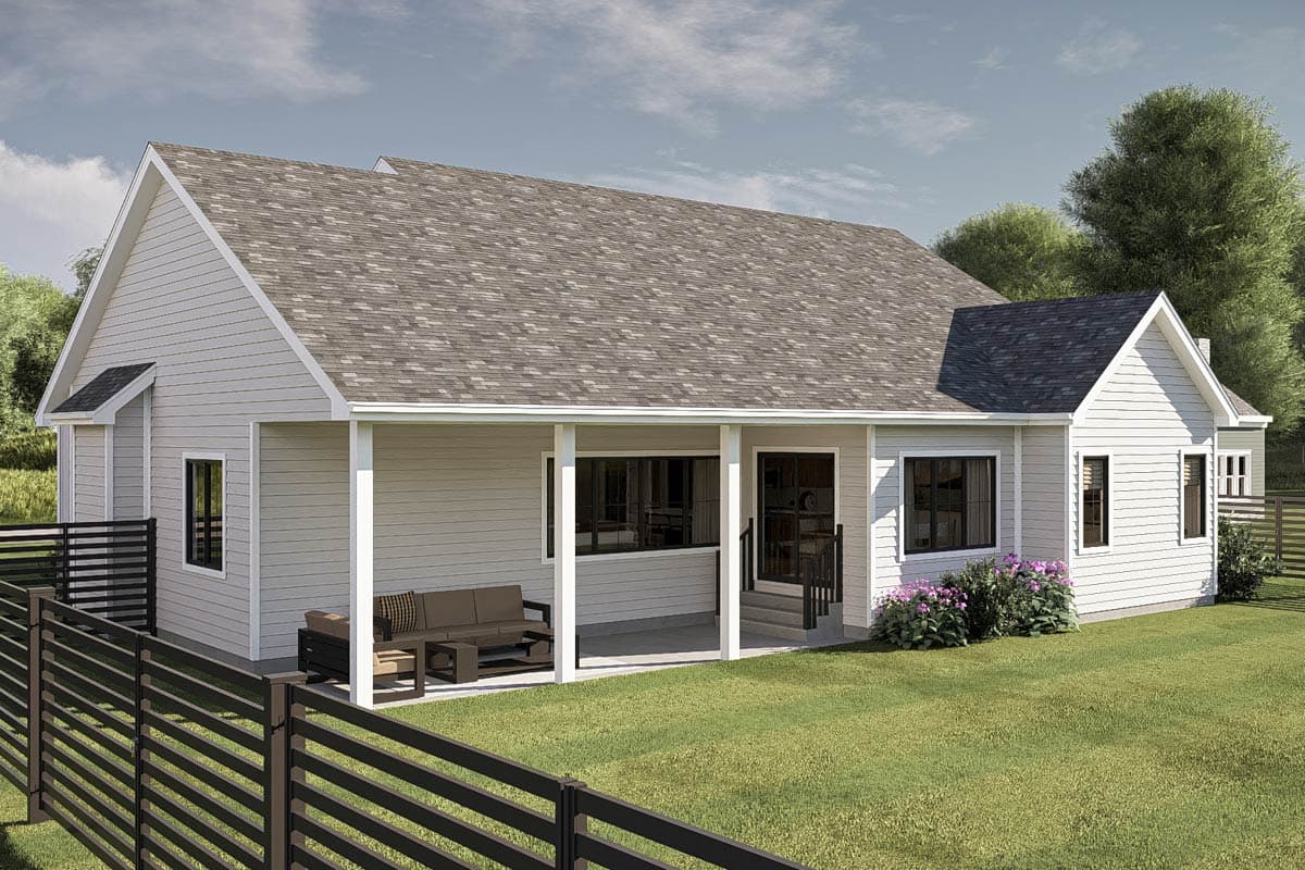 House plan exterior: single-story Modern Farmhouse with covered porch, gables, and horizontal siding.