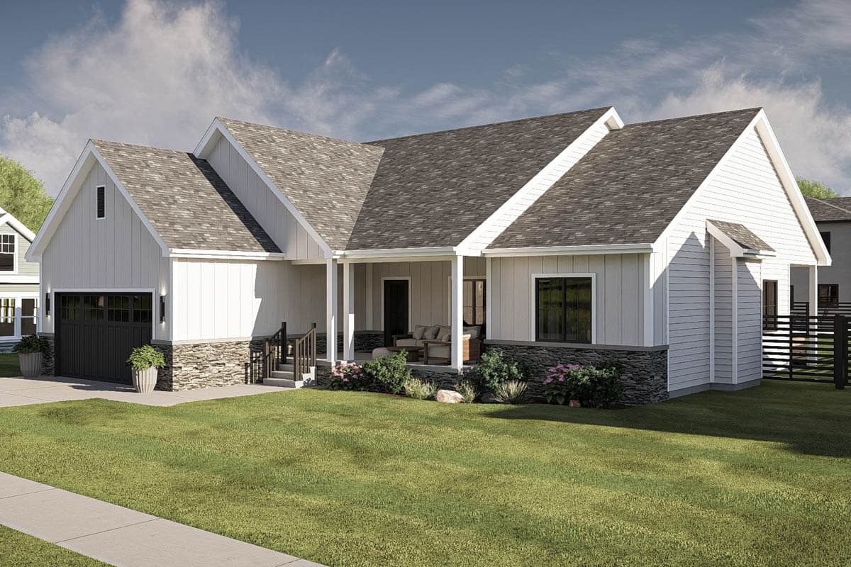 House plan exterior: Modern Farmhouse style, one story, with a covered front porch, gabled rooflines, and side-entry garage.