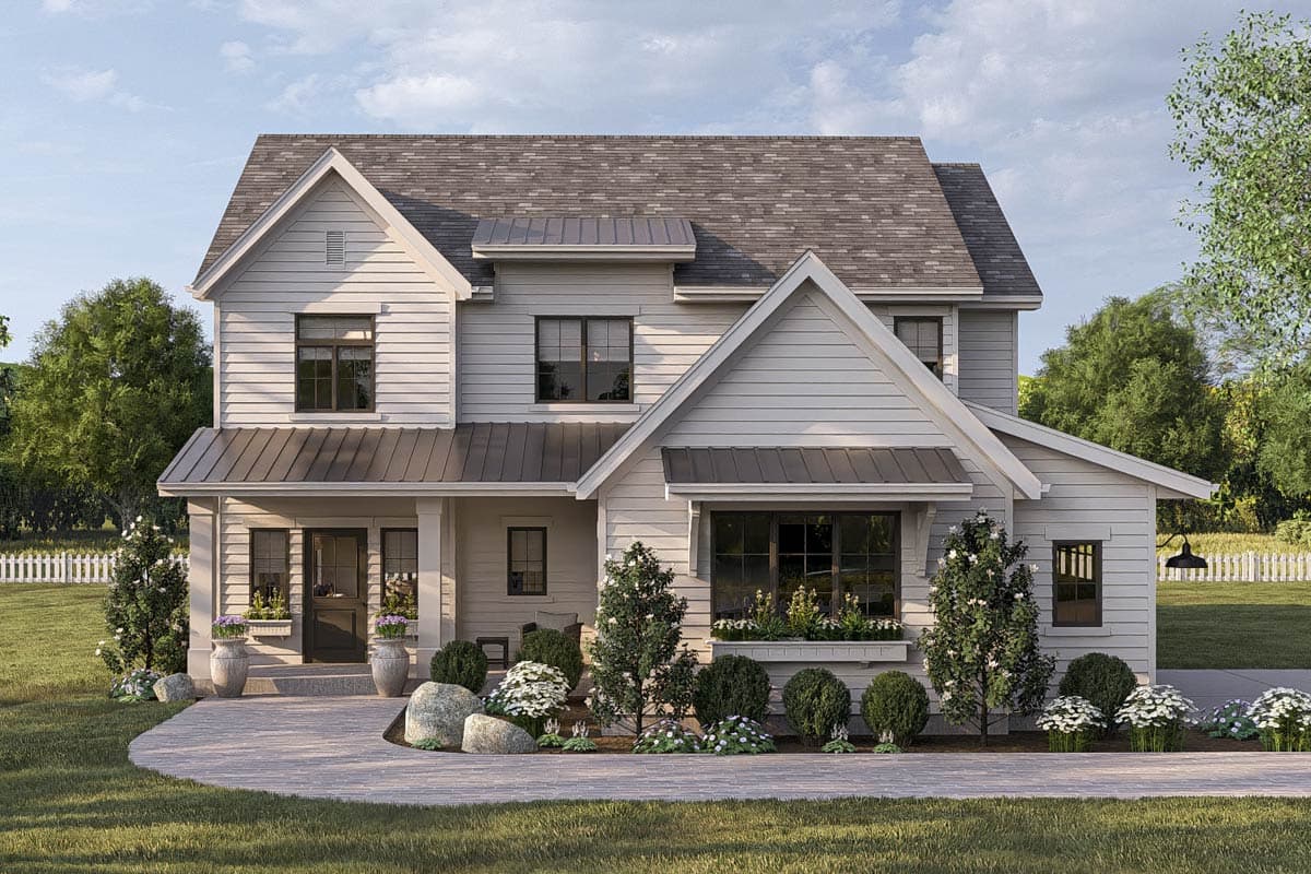 House plan exterior. Two-story Modern Farmhouse with gables, covered porch, and shed roof over a bay window. Siding is light gray.
