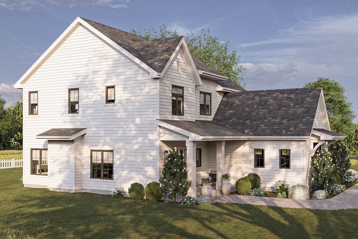 Two-story house plan exterior with gables, prominent rooflines, and a covered front porch.