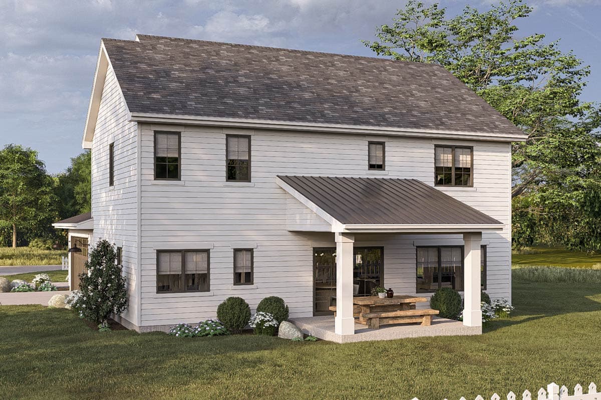 Two-story Modern Farmhouse plan exterior with white lap siding, gables, and a covered front porch with a metal roof.
