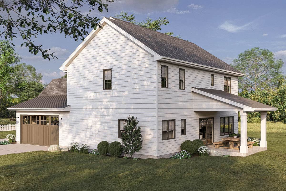 House plan exterior: two-story Modern Farmhouse with attached garage, gables, and covered rear porch.