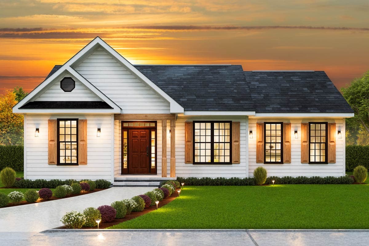 House plan exterior. Ranch style with a gabled roof, wood shutters, and a covered front porch. One story with a symmetrical facade.