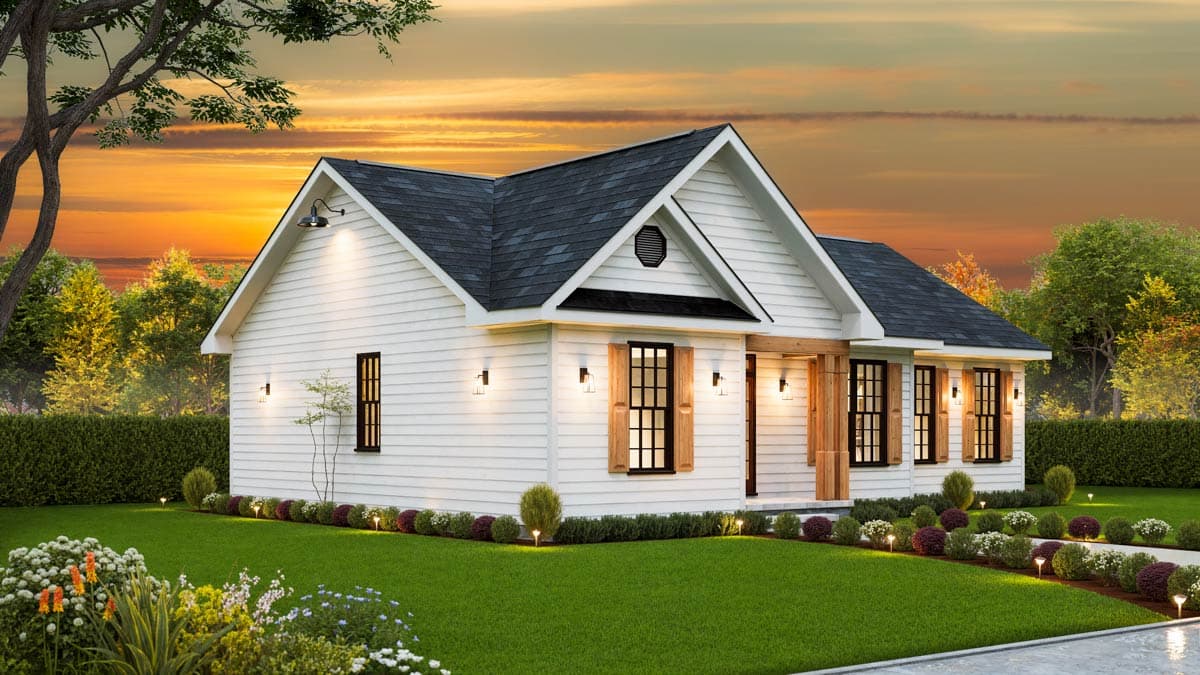 House plan exterior: one-story Modern Farmhouse with white siding, gabled roof, covered entry, and multiple windows.