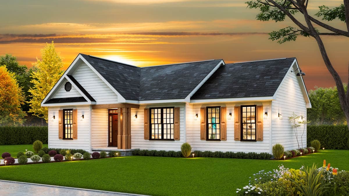 House plan exterior: Single-story Modern Farmhouse with gable, covered porch, and asphalt shingle roof.