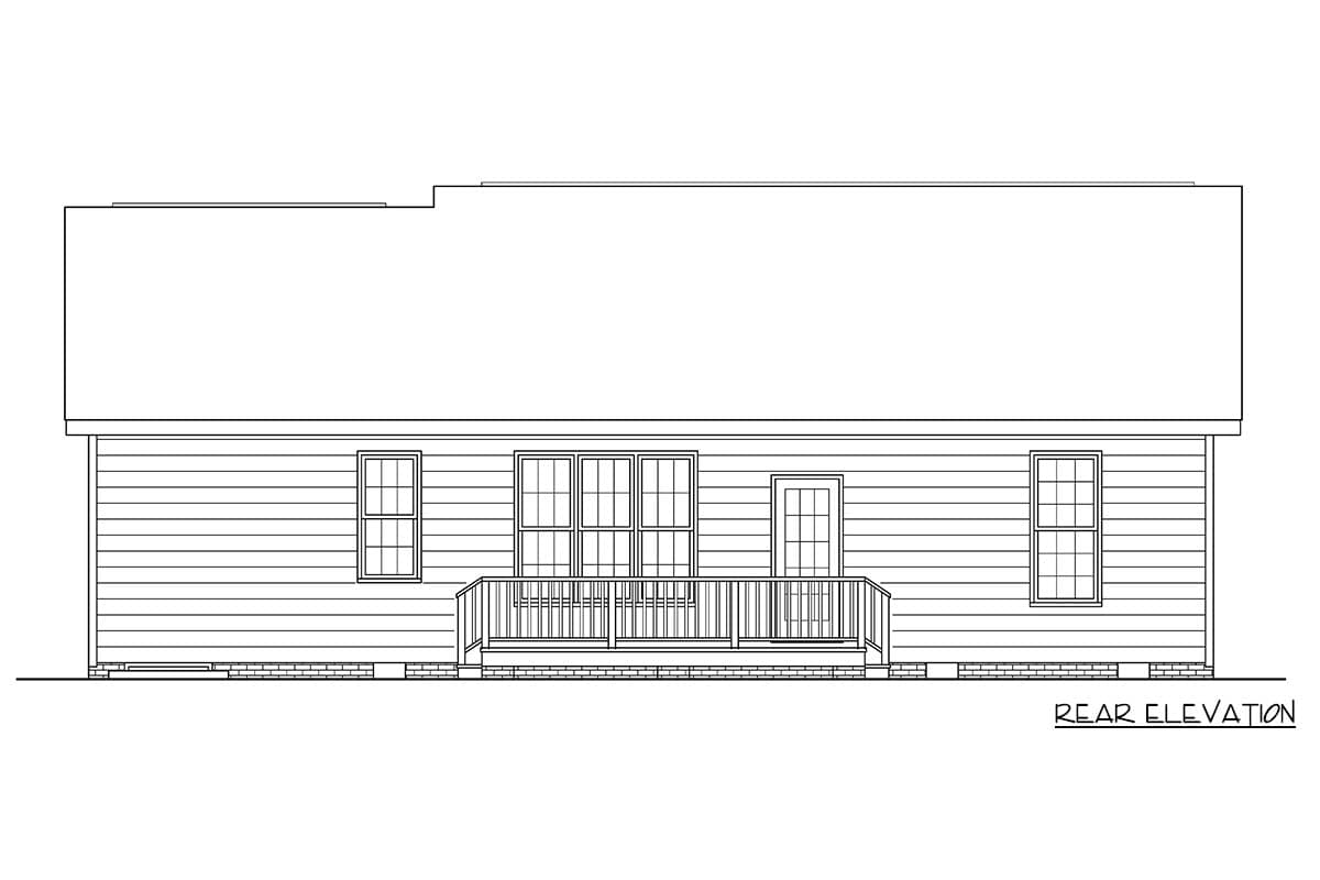 Rear elevation of a house plan featuring horizontal siding, a central deck with railing, and three windows.