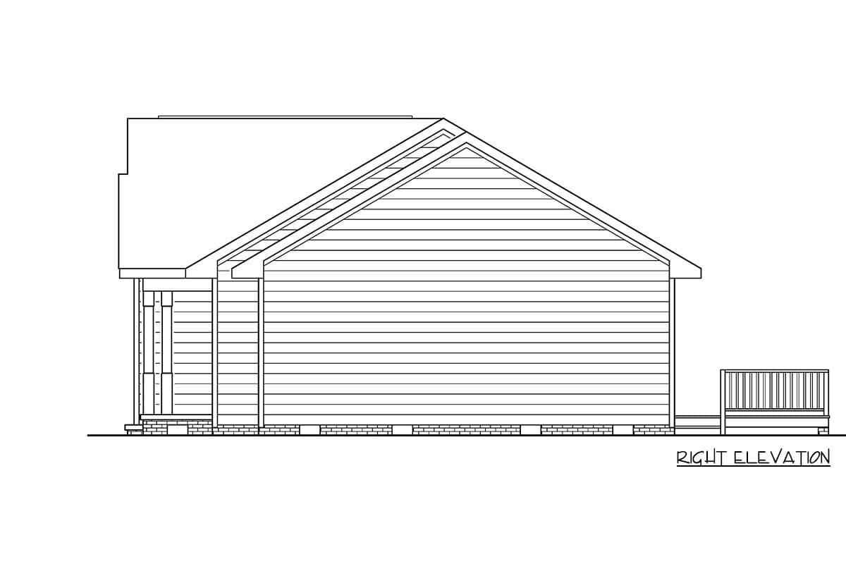 Right elevation house plan showing horizontal siding, a prominent gable roof, and a deck.