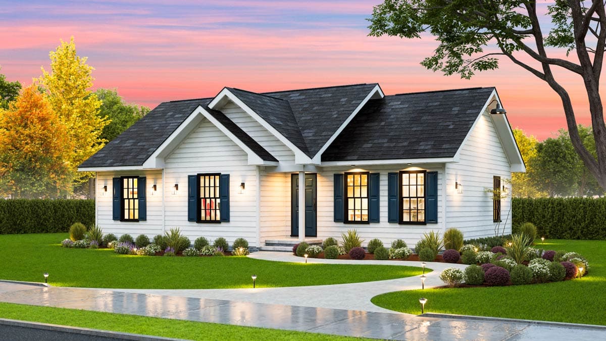 House plan exterior: White siding, two-story, gabled roof, prominent central gable, dark shutters, covered entry.