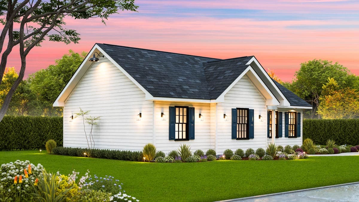 House plan exterior: Modern Farmhouse style, one story, white siding, dark shutters, gabled roof, and porch.
