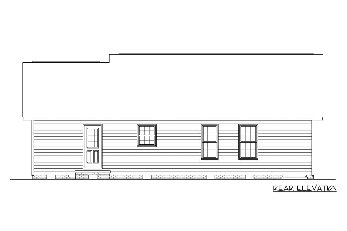 Rear elevation drawing of a house plan with horizontal siding, a door, and four windows.