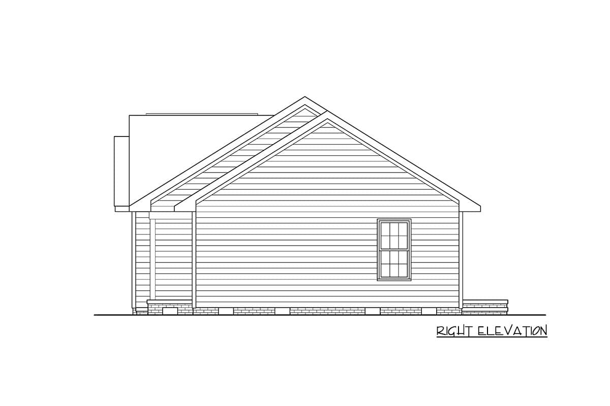 Right elevation of a house plan showing vinyl siding, a hip roof with gables, and a single-story structure.