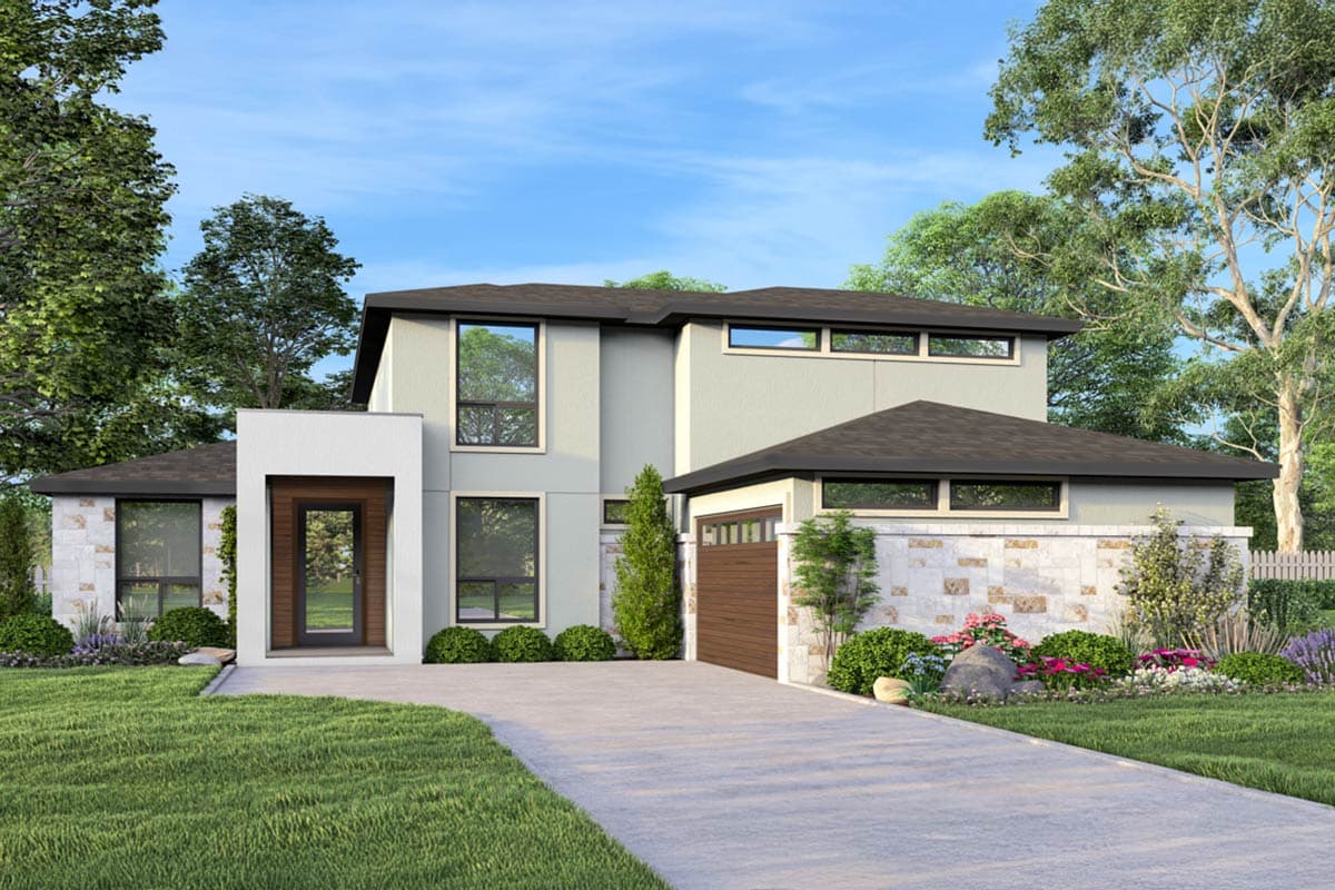 Two-story house plan exterior with a modern design. Features include flat rooflines, large windows, and a detached garage with stone accents.