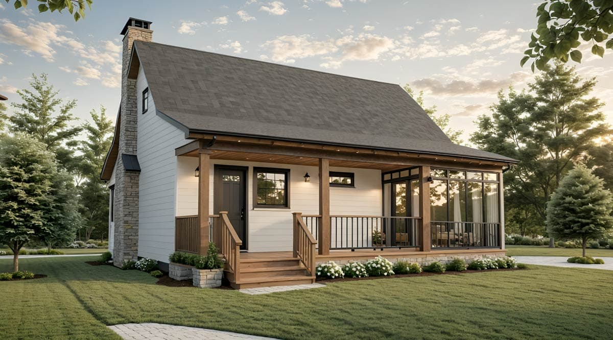 House plan exterior: Modern style, one story, with stone chimney, covered porch, and sunroom.