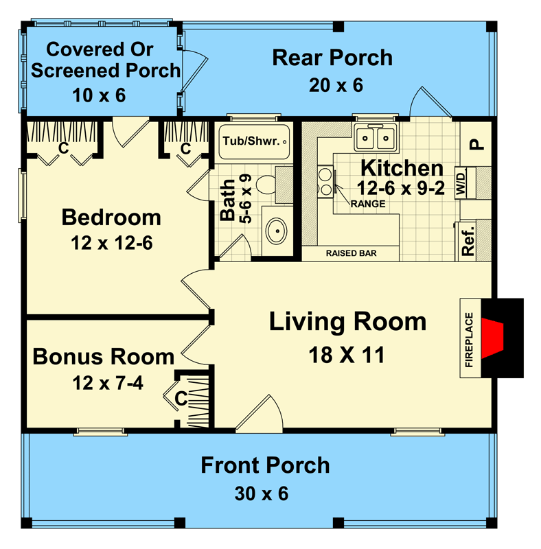 Plan 51224MM: 1-Bedroom ADU Cottage House Plan Under 600 Sq Ft - Floor Plan - Main Level - Cottage, Country