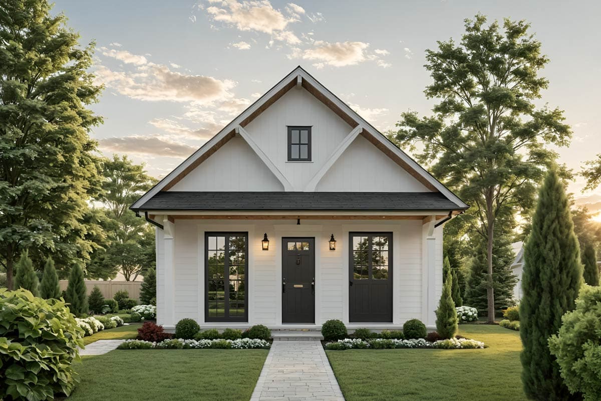 House plan exterior with board and batten siding, a gabled roof, and two front doors. The one-story home has a small upper window.