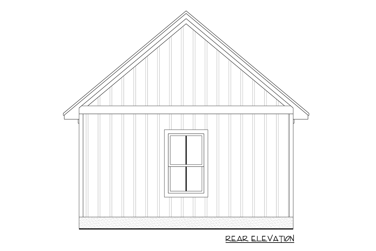 Rear elevation drawing of a house with vertical siding, a gable roof, and one central window.