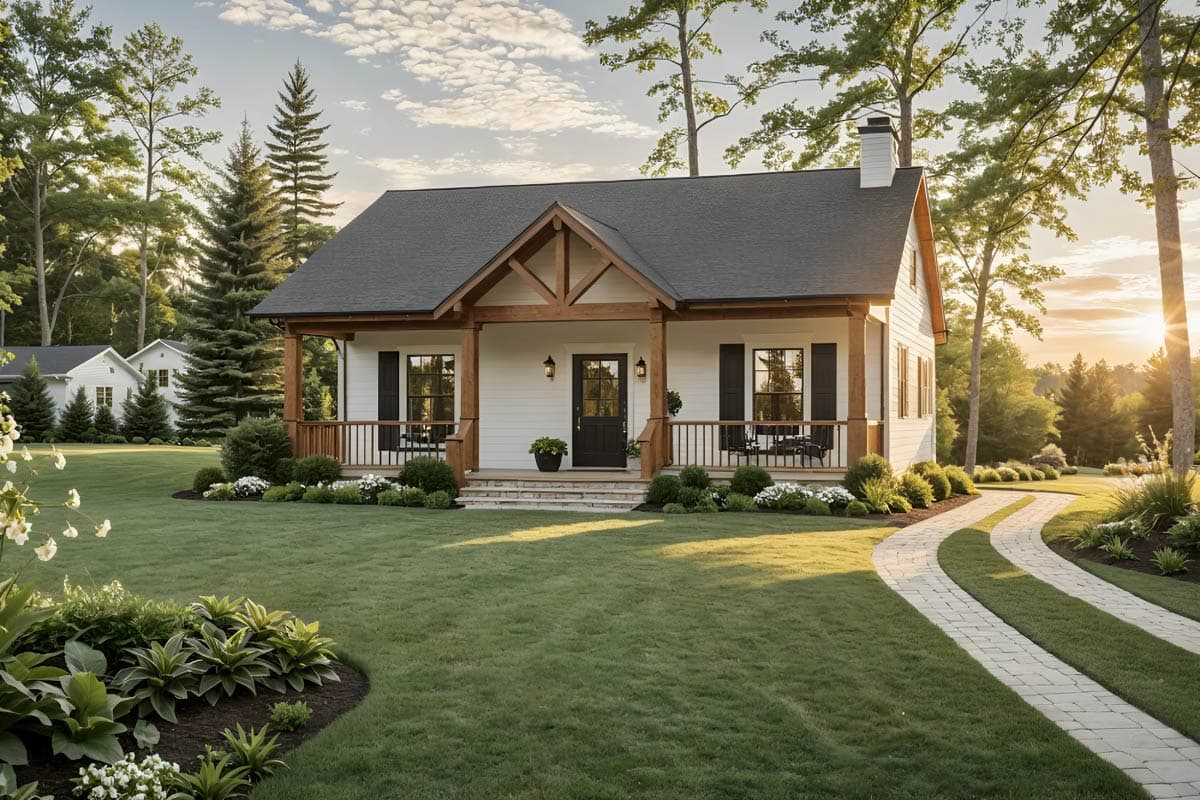 Craftsman-style house plan exterior with a single story, front porch with wooden posts, and a gable roof. Includes shutters and a stone walkway.
