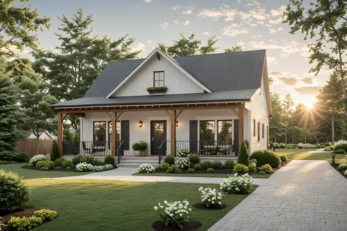 House plan exterior with Craftsman style, one story, front porch, gabled roof, and black shutters.