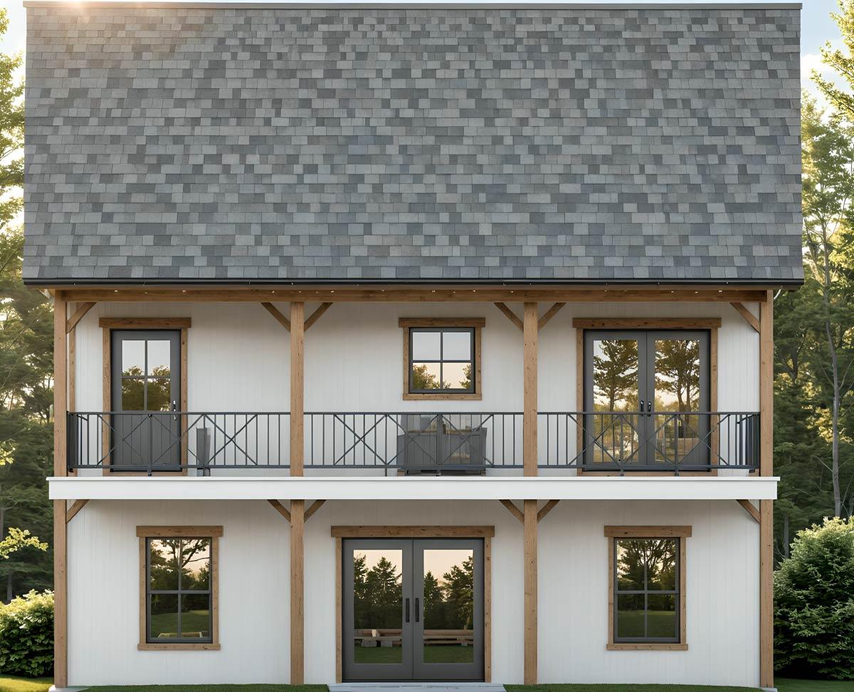 Modern Farmhouse house plan exterior: two stories, gable roof, second-story balcony, timber supports, and dual front doors.