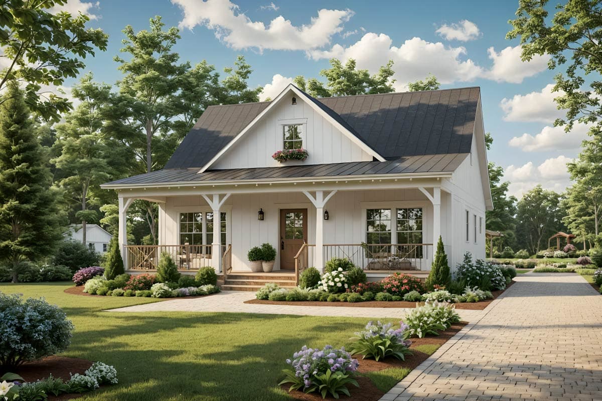 House plan exterior. White farmhouse style with front porch, gabled roof, and dormer window. Two-story structure with dark gray roof.