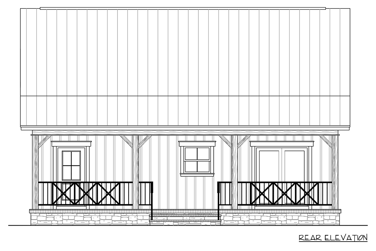Rear elevation drawing of a house plan featuring a covered porch with x-pattern railings, double doors, and two windows.