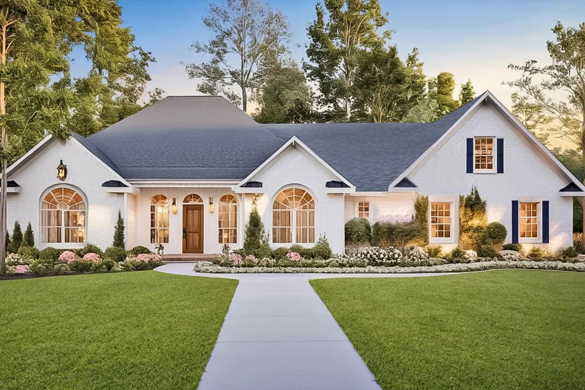 House plan exterior. One-story house in a ranch style with arched windows, gabled roof, and decorative shutters.