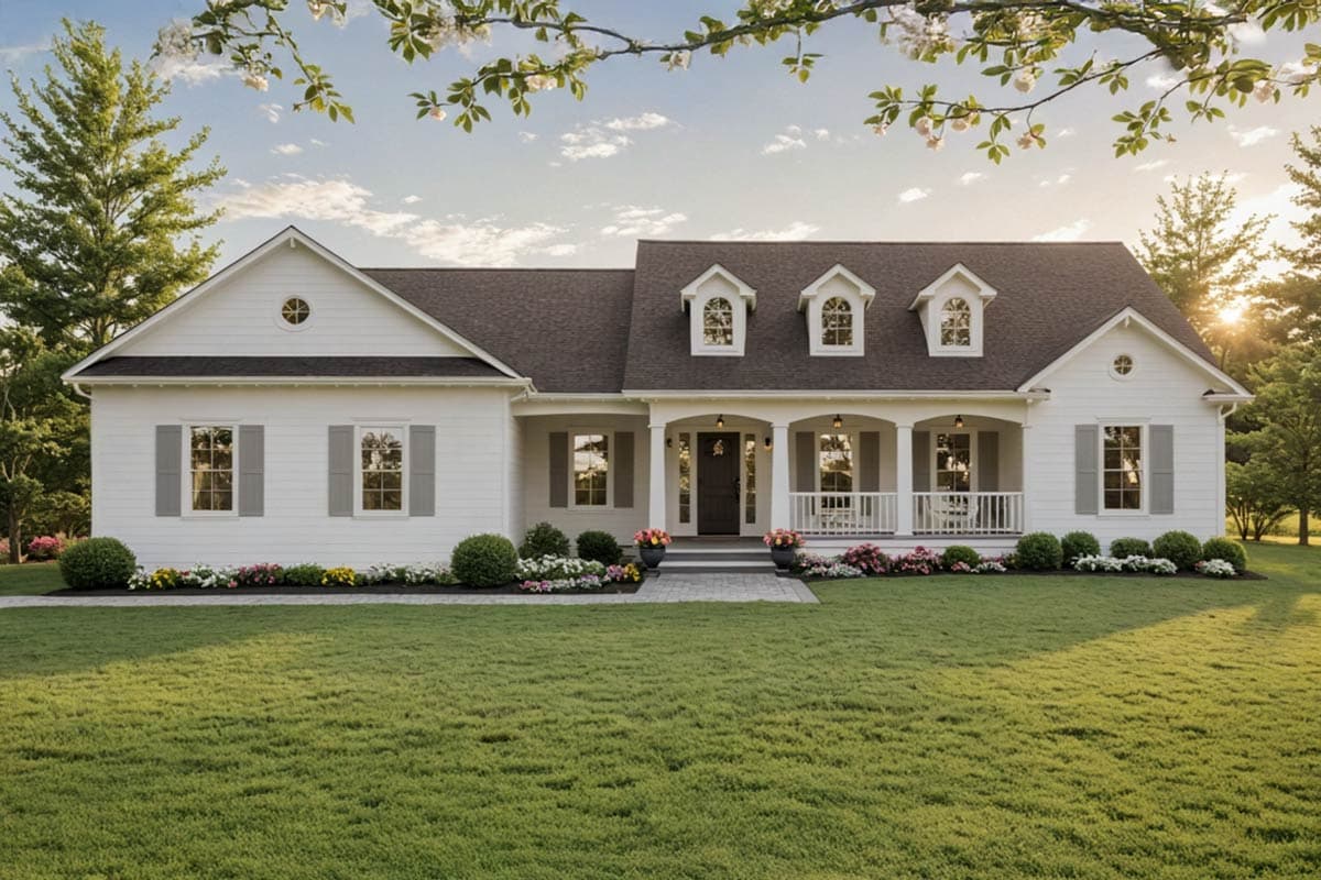 House plan exterior. Two-story farmhouse with a front porch, dormers, and a gable roof. Includes shutters on windows and a circular window.