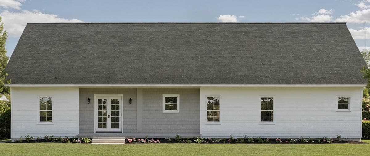House plan exterior: Single-story home with a prominent gambrel roof, double front doors, and varied siding.