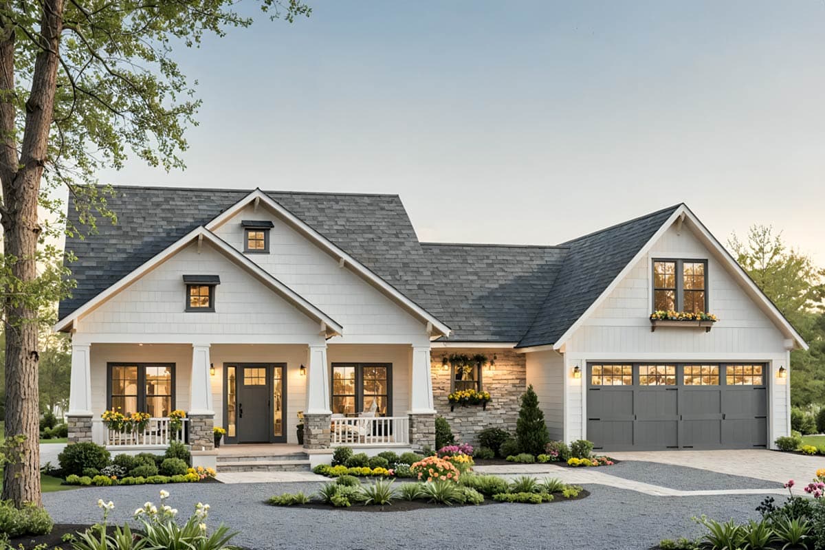 House plan exterior. Two-story Modern Farmhouse with a gabled roof, front porch with columns, and attached garage. Stone accents on the facade.