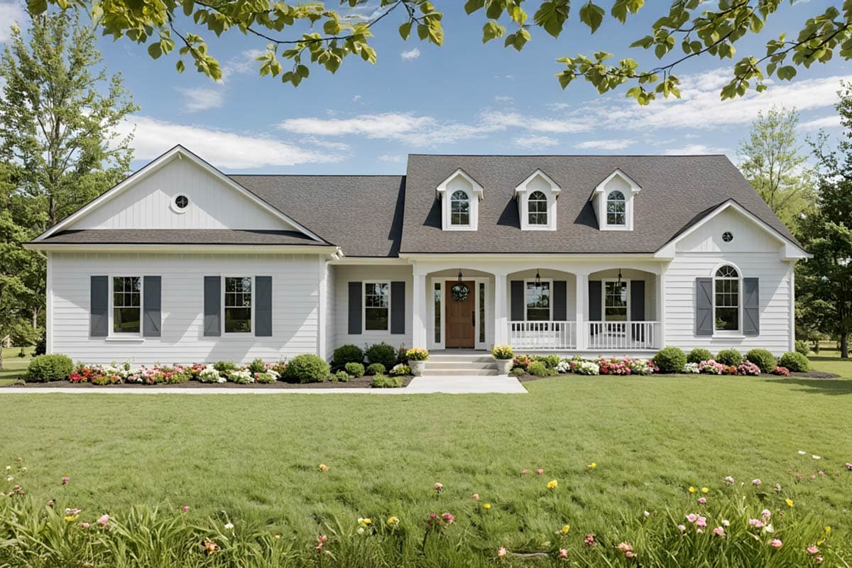 House plan exterior. White farmhouse style with front porch, three dormers, and gabled roofline. One-story home with shutters.
