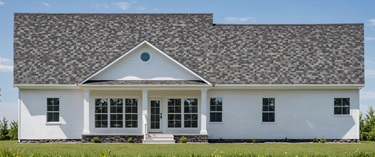 House plan exterior: One-story Modern Farmhouse with covered front porch, gable with circular window, and multiple double-hung windows.