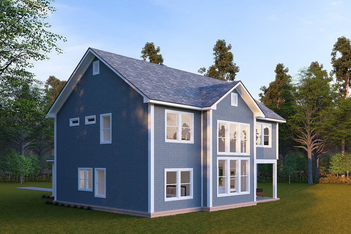 Two-story house plan exterior with blue shingle siding, gables, dormers, and a front-facing multi-pane window array.