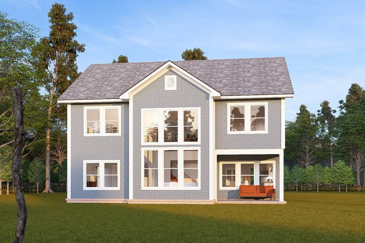Two-story house plan exterior with shingle siding, multiple gables, and a covered porch with seating.