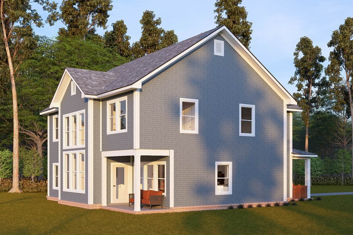 House plan exterior: two-story home with shingle siding, prominent gables, and covered porch.