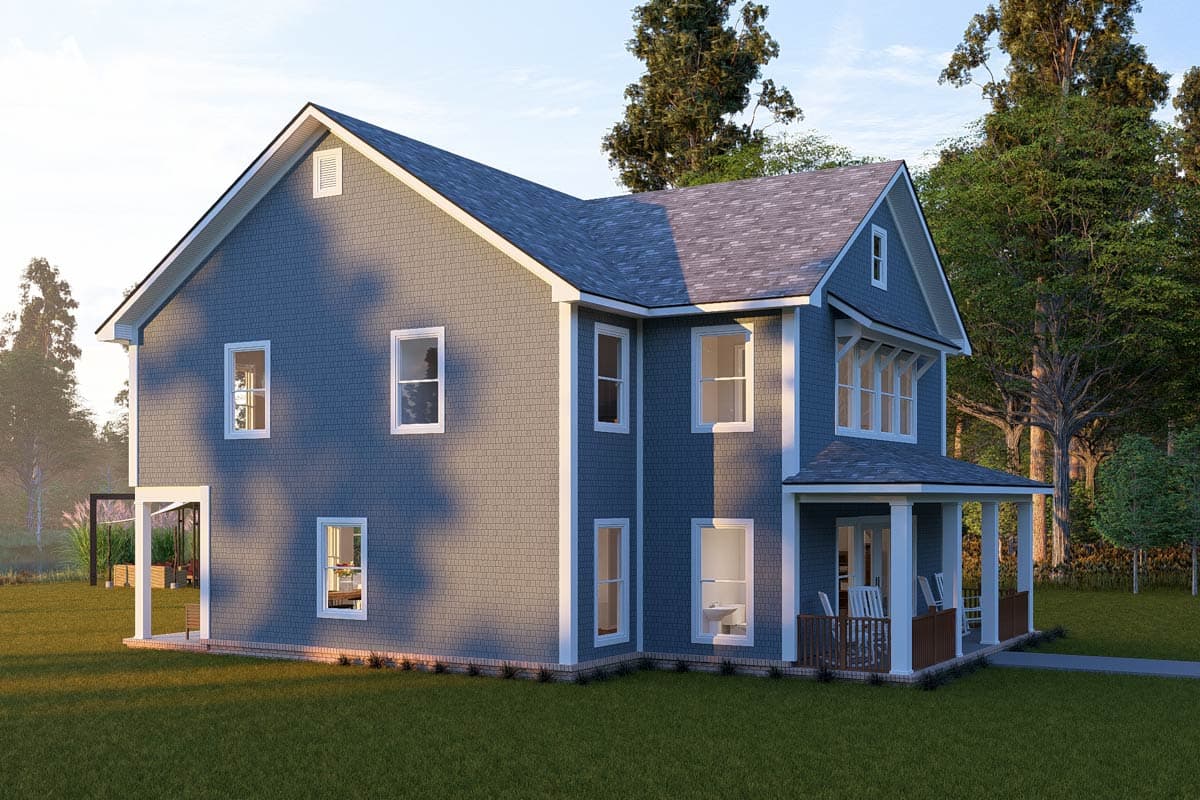House plan exterior: Two-story home with gabled dormers, shingle siding, and a front porch with white columns and dark railings.