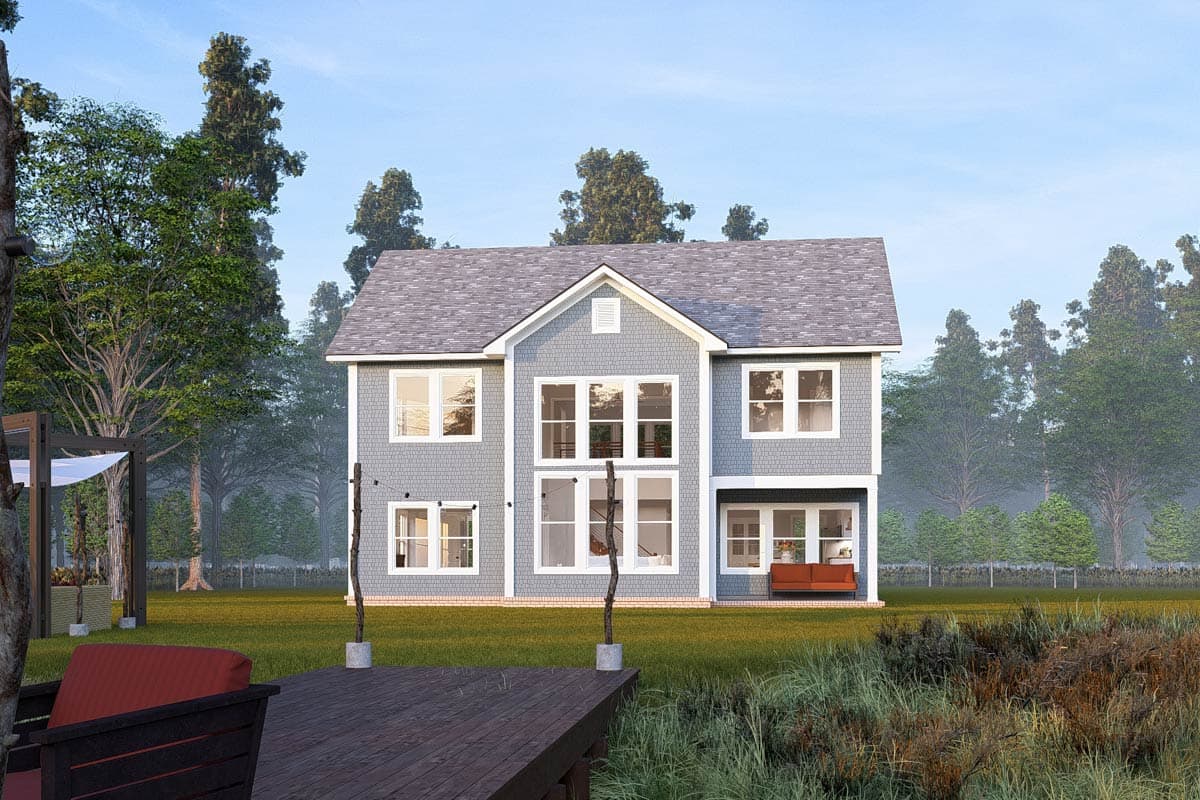 House plan exterior rendering: two-story home with shingle siding, large central windows, and a front-facing gable.